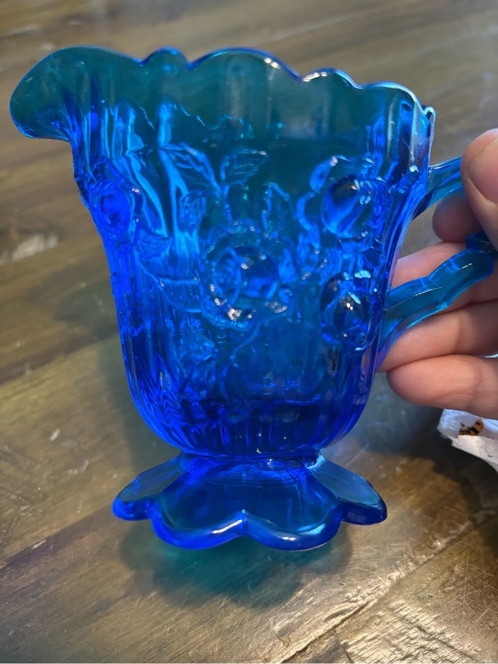 Vintage Fenton Cobalt Blue Cabbage Rose Set Creamer & Sugar Bowl With Lid